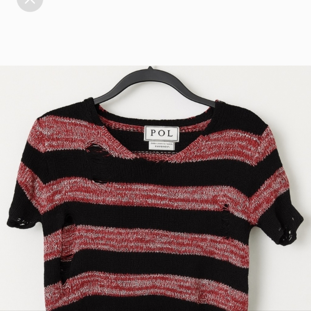 NWT POL Black and Red Striped Knit Distressed Top Size Small - Picture 3 of 6